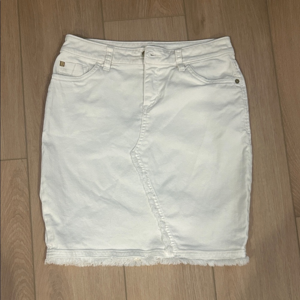 Tommy Bahama White Denim Pencil Skirt with Frayed Hem